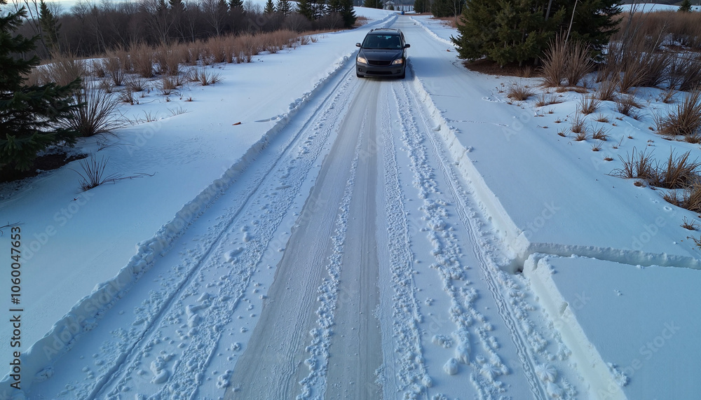 Car driving on snowy rural road in winter landscape Car driving on snowy rural road in winter landscape