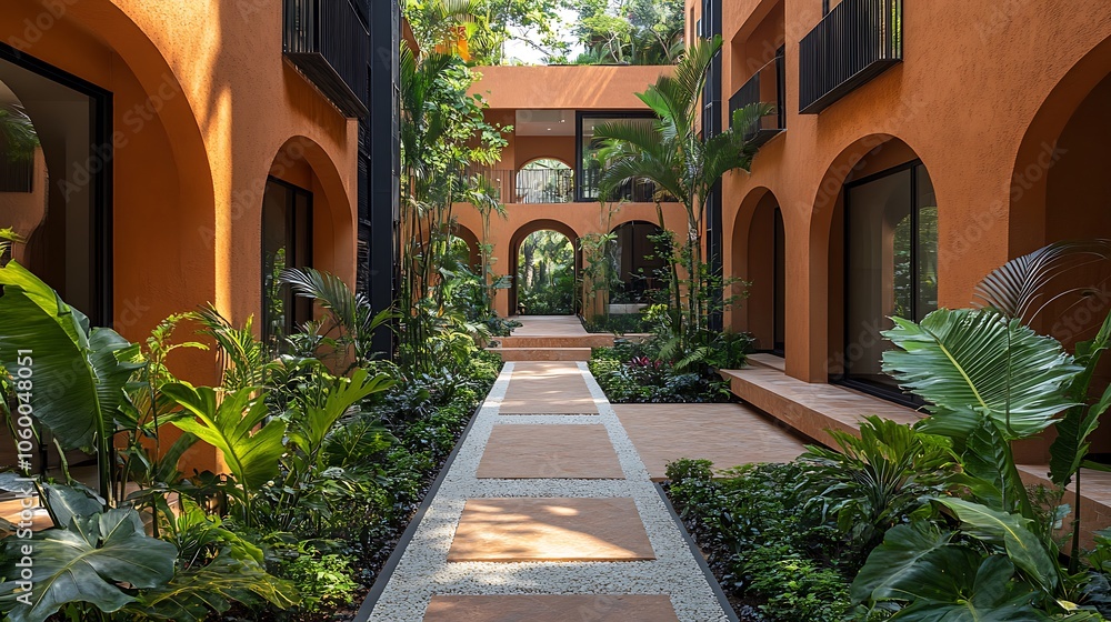 Naklejka premium Tranquil courtyard surrounded by lush greenery and vibrant architecture