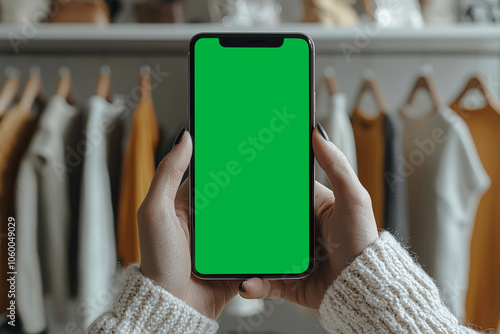 Woman Holding a Smartphone with Green Screen in a Clothing Store photo