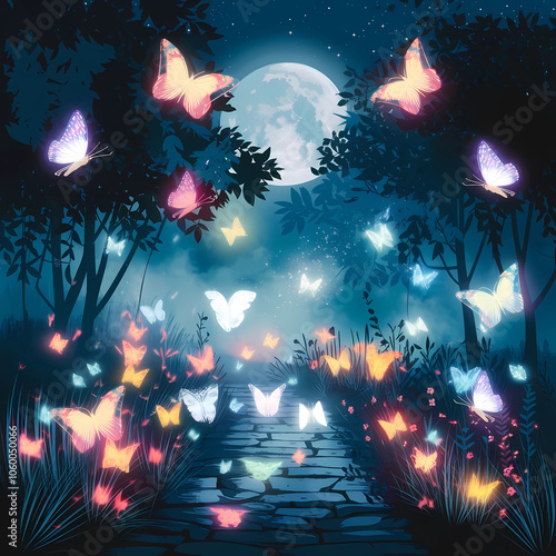 A Flirty illustration style image of a moonlit path surrounded by a mystical atmosphere. 