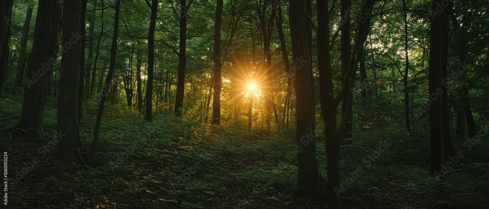 Fototapeta premium A serene forest scene illuminated by sunlight filtering through the trees.