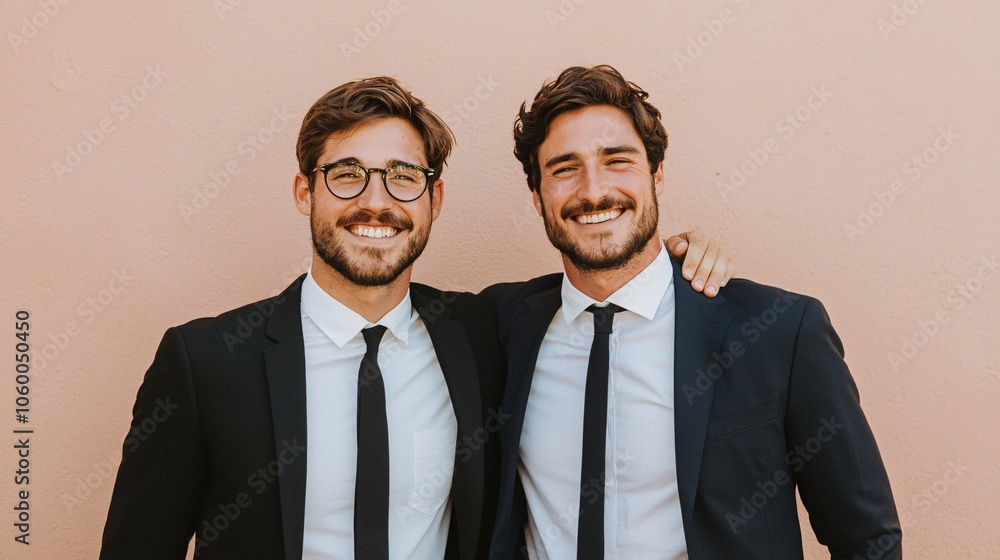 Two smiling men in suits stand side by side against a light-colored wall, exuding confidence and camaraderie. Two smiling men in suits stand side by side against a light-colored wall, exuding confidence and camaraderie.