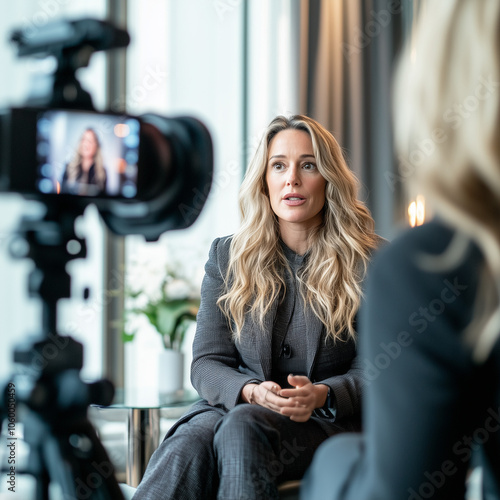 Female Host In A Suit Engaging In A Lively Discussion, Captured On A Professional Camera Setup Against moderm studio photo