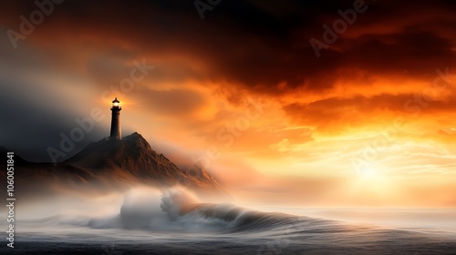 A dramatic seascape at sunrise, with waves crashing against rugged cliffs and a lone lighthouse standing tall against the backdrop of a colorful sky. The image conveys a sense of adventure and  photo