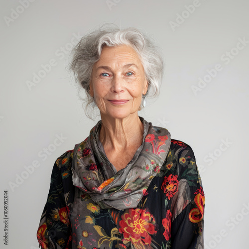 Senior Woman Standing Against a White Background photo