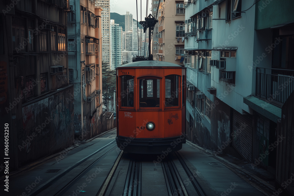 Naklejka premium Selective focus cable car incline to skyscraper with cityscape view, Aerial view of convenience transportation way to highland, Orange cable car among building.