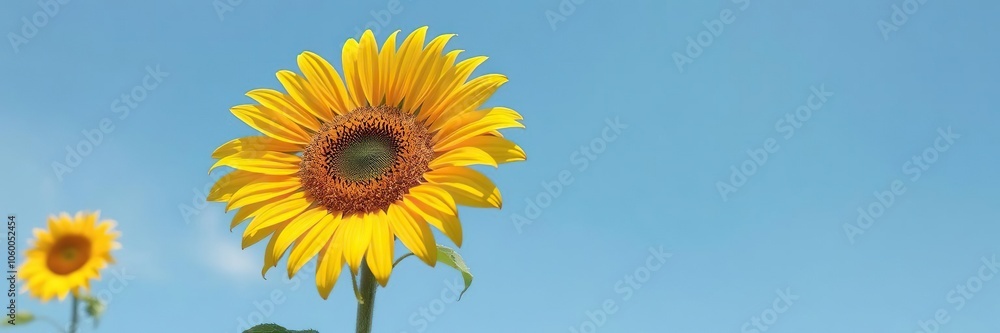 Naklejka premium Vibrant sunflower reaching towards the sun on a clear blue sky background, sunshine, nature