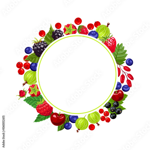 Berry round frame with copy space for text. Vector cartoon illustration. Healthy food banner design.
