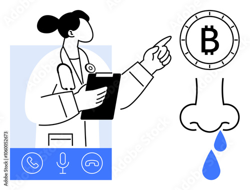 Doctor with clipboard conducting video consultation. Displays Bitcoin symbol, runny nose, phone, microphone icons. Ideal for telemedicine, cryptocurrency, healthcare, remote diagnostics, blockchain