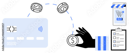 Hand holding coin transferring to credit card. Clipboard with tasks and online store with a buy button. Ideal for e-commerce, online payments, digital wallets, financial technology, contactless