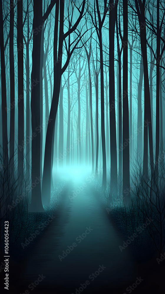 Fototapeta premium A path through a misty forest with tall, dark trees on either side.