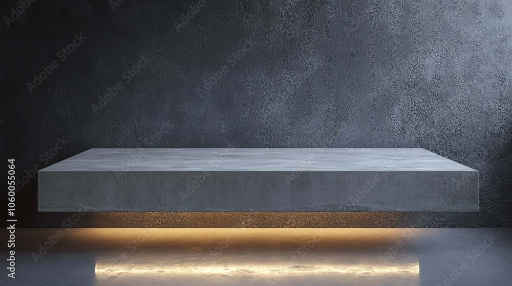 Modern concrete shelf with ambient lighting against dark textured wall. Modern concrete shelf with ambient lighting against dark textured wall.