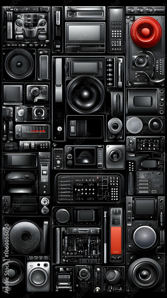 Fototapeta premium A wall of black and silver electronic devices, with a red speaker in the upper right corner.