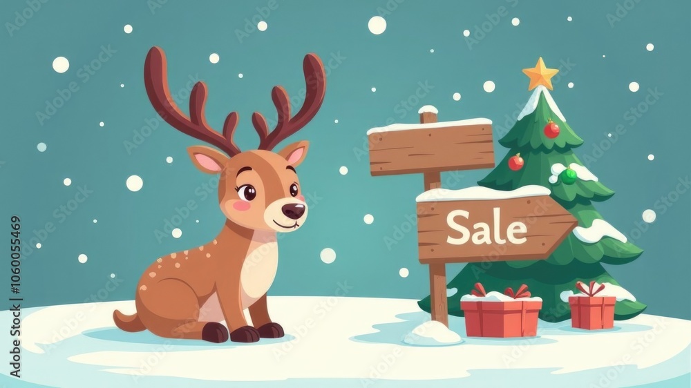 Naklejka premium Cartoon reindeer and festive sale sign with snowy Christmas tree scene