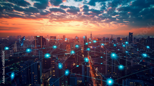 Network with digital world map wireless communication in city world social media technology.