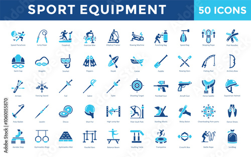 Sport equipment icon set with swim cap, goggles, snorkel, flippers, kayak, canoe, paddle, rowing oars, fishing rod, archery bow icon. Simple flat vector 
