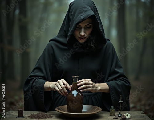 Witch making a potion. Myst...