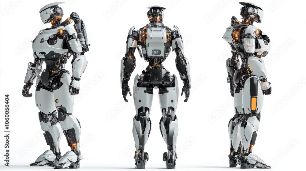 Set of advanced AI robots with mechanical limbs and metallic exteriors isolated on white Set of advanced AI robots with mechanical limbs and metallic exteriors isolated on white