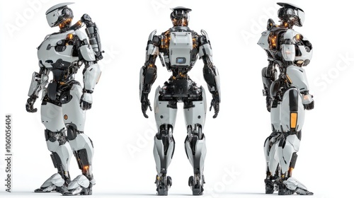 Set of advanced AI robots with mechanical limbs and metallic exteriors isolated on white