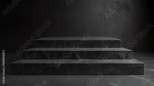 Three-tier black marble podium on dark background for product display or exhibition. photo