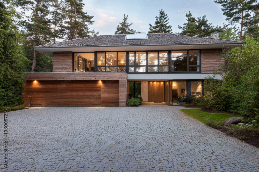 Fototapeta premium Modern wooden house with large windows surrounded by trees in a serene setting at dusk
