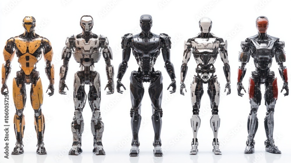 Obraz premium Set of advanced AI robots with mechanical limbs and metallic exteriors isolated on white