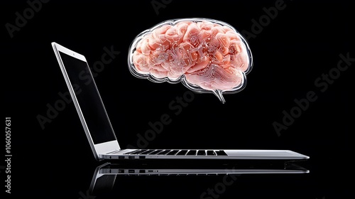 Virtual Intelligence: A translucent brain, reminiscent of circuitry, defies gravity above a sleek laptop.  photo