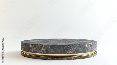 Elegant round marble display pedestal with gold accents on a white isolated background. photo