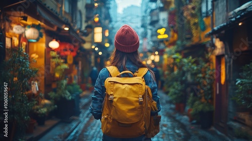 A traveler exploring a vibrant alleyway with a backpack.