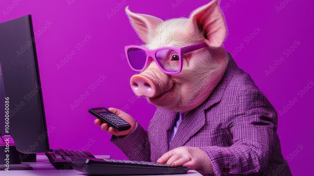 Fototapeta premium Business Pig with Glasses Working on Computer
