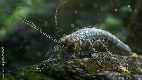 A pair of long tailed silverfish, Ctenolepisma longicaudata, also called gray silverfish, on black background photo