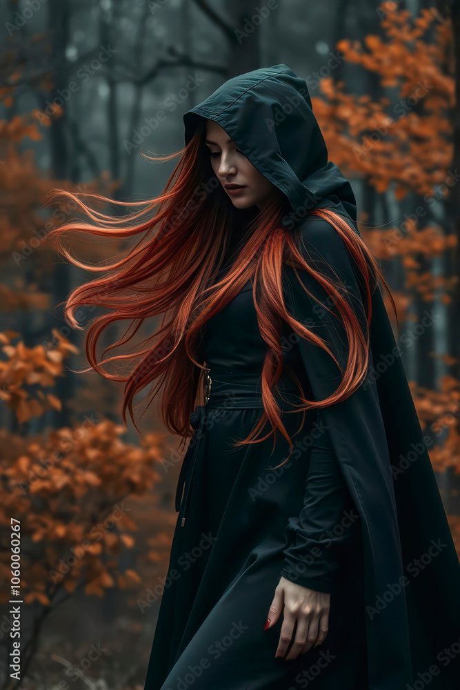 Fantasy gothic woman dark witch, red-haired evil Girl lady demon in black dress cape hood. Long hair flutters fly in wind. Dark dense deep autumn forest orange colors trees, medieval silk dress Fantasy gothic woman dark witch, red-haired evil Girl lady demon in black dress cape hood. Long hair flutters fly in wind. Dark dense deep autumn forest orange colors trees, medieval silk dress
