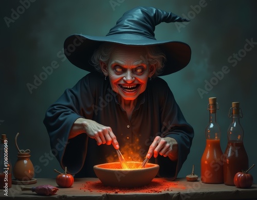 Old ugly witch making a pot...