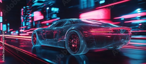 Dynamic modern car cruising in digital wireframe through a city illuminated by neon.