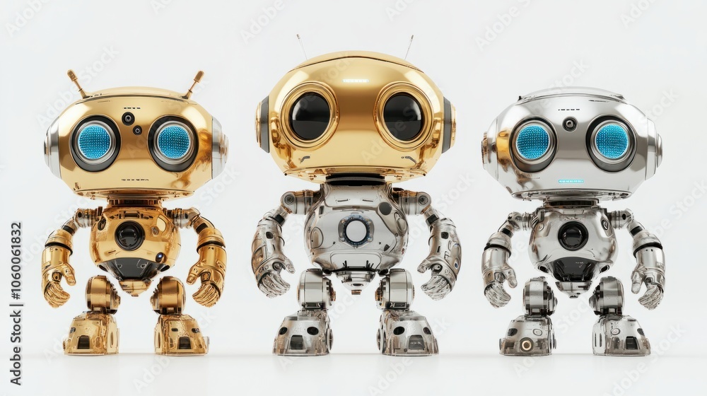 Fototapeta premium Various AI robots in metallic finishes with illuminated eyes isolated on white