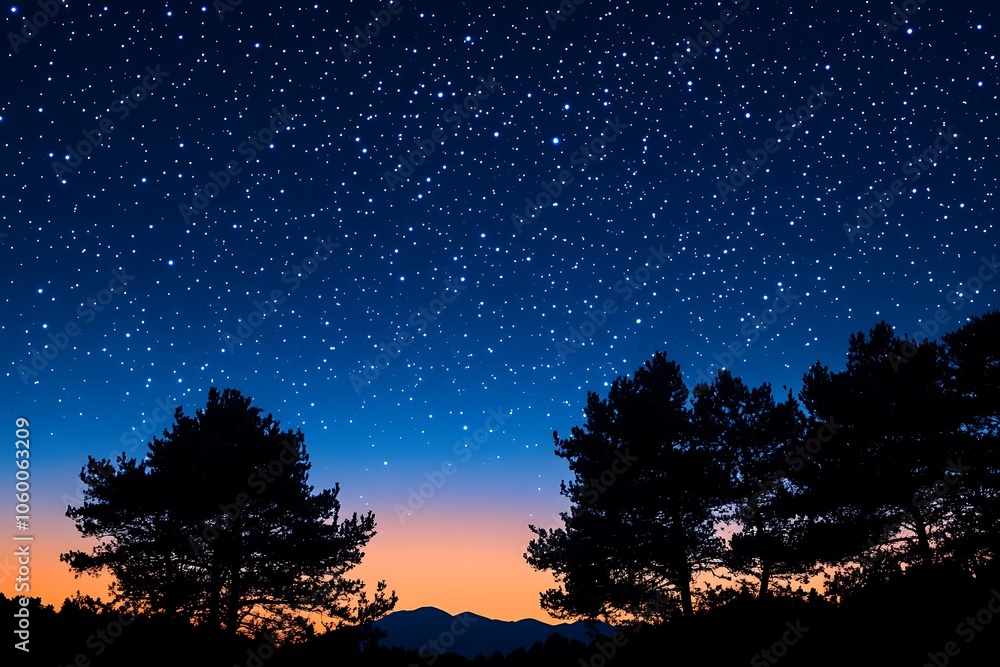Fototapeta premium A serene night sky filled with stars above silhouette trees and a fading sunset.