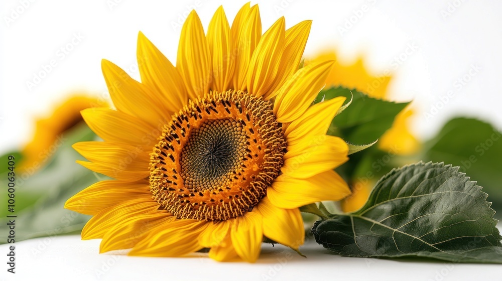 Naklejka premium A vibrant sunflower with green leaves against a white background.
