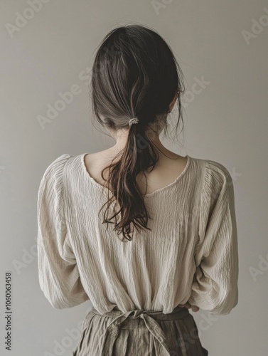 Minimalist fashion portrait of woman with ponytail in neutral tones photo