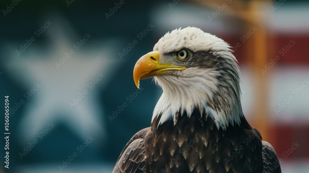Obraz premium Bald Eagle Profile Close Up with American Flag Background