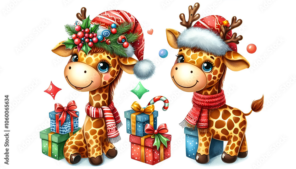 Naklejka premium Merry Christmas, Watercolor Clipart of a funny Christmas giraffe, isolated on a white background