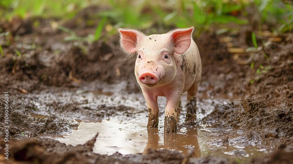 A single, content piglet standing in a small, muddy pool, with its fur looking damp and messy as it explores its environment. Photorealistic A single, content piglet standing in a small, muddy pool, with its fur looking damp and messy as it explores its environment. Photorealistic