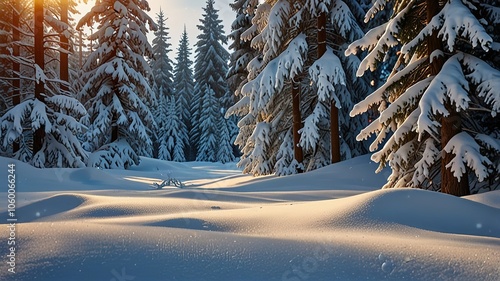 Snowfall in winter forest. Beautiful landscape with snow covered fir trees and snowdrifts.