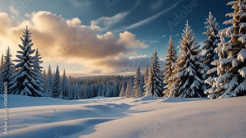 Snowfall in winter forest. Beautiful landscape with snow covered fir trees and snowdrifts.