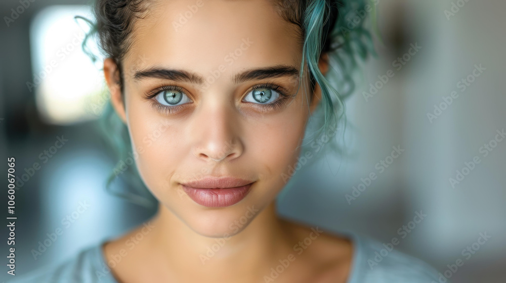 Naklejka premium A stunning portrait of a young woman with vibrant multicolor hair against a clean, simple background.