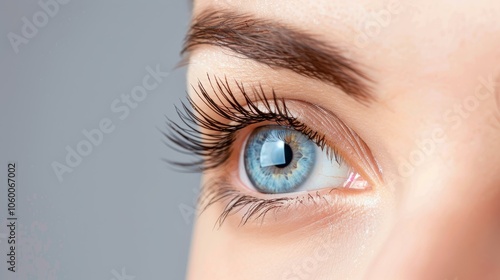 Stunning closeup of a womans blue eye, showcasing intricate details and bold black eyelashes with captivating light reflections.