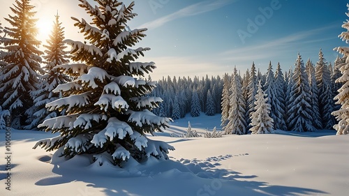 Snowfall in winter forest. Beautiful landscape with snow covered fir trees and snowdrifts.