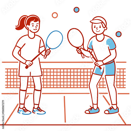 Tennis Match Ready: A playful line drawing of a tennis match in progress, capturing the anticipation and energy before the first serve.