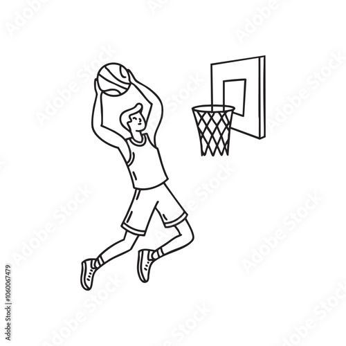 Basketball player leaping for a slam dunk near the hoop 