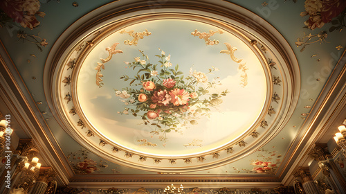 This high-definition 3D digital illustration showcases a ceiling with a lavish flower decoration, presented against a visually appealing wallpaper background