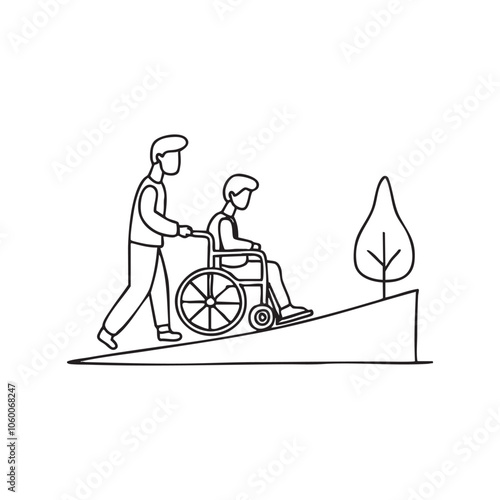Man pushes injured man with Wheelchair in ramp 